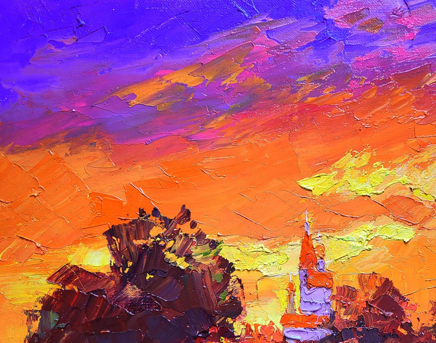 Vibrant Evening Boris Serdyuk oil painting of stylized mountains under swirling sky