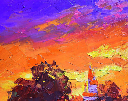 Vibrant Evening Boris Serdyuk oil painting of stylized mountains under swirling sky