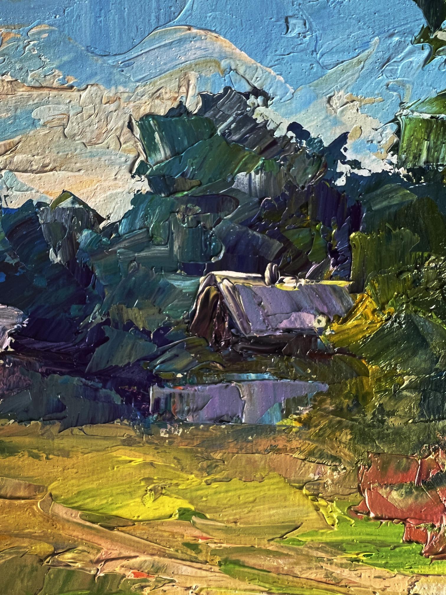 Textured impressionist painting of rustic cabin and red cow by Boris Serdyuk