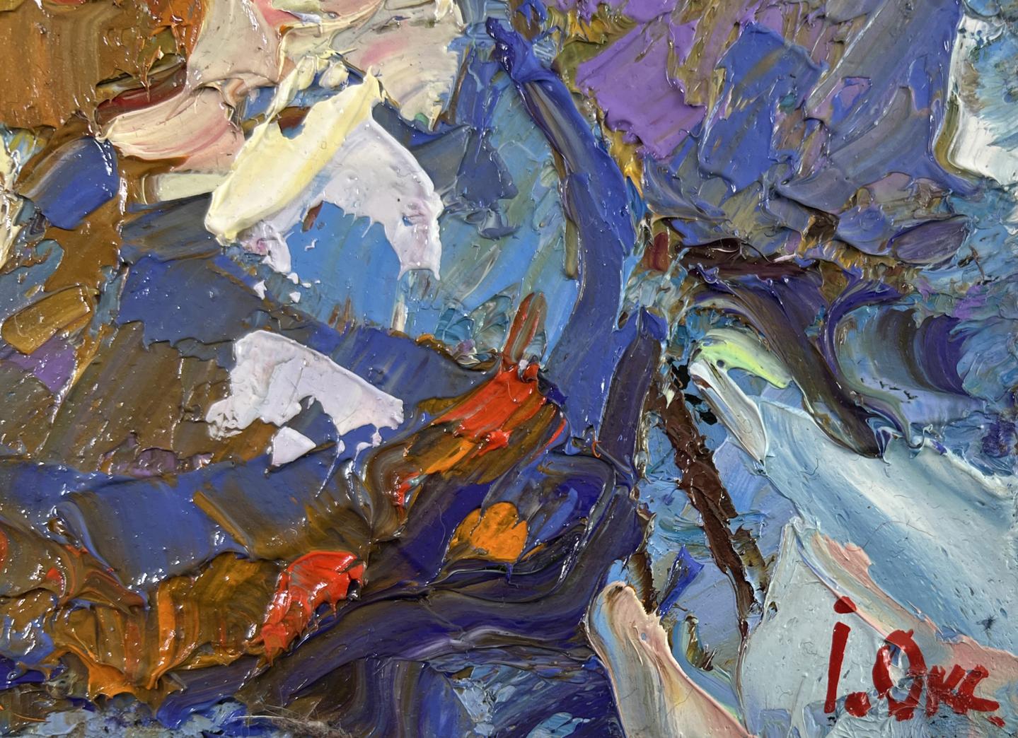 Oil painting Where time stopped by Oksana Ivanyuk, textured abstract blues and reds