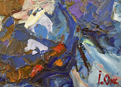 Oil painting Where time stopped by Oksana Ivanyuk, textured abstract blues and reds
