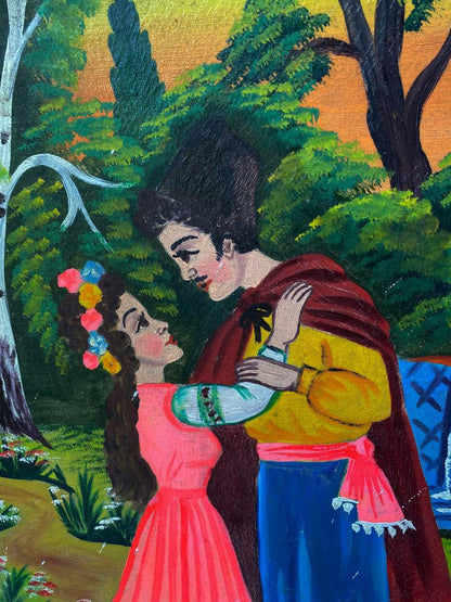 Oil painting Romantic walk by the lake with couple in pink dress
