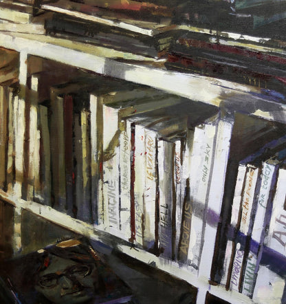 Oil painting Imagine Ed Potapenkov of painted bookshelf with white-spined books