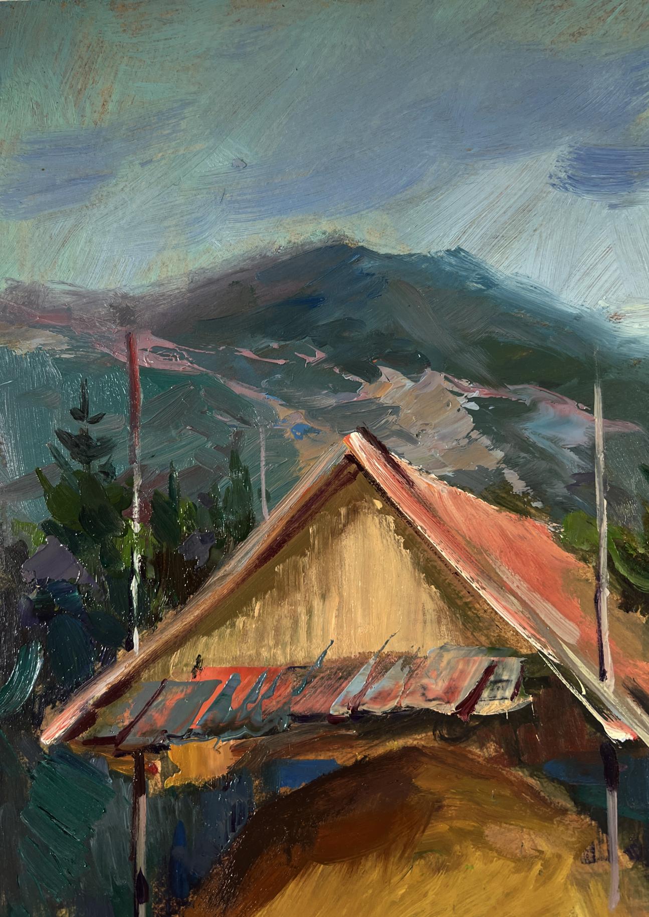 Oil painting of house on mountains by Yuriy Suprunchuk, rustic roof and hills