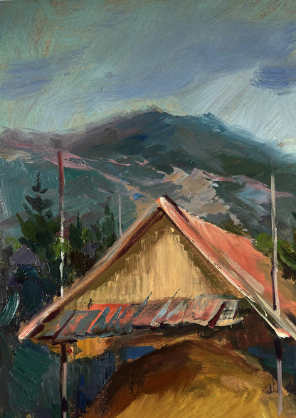 Oil painting of house on mountains by Yuriy Suprunchuk, rustic roof and hills