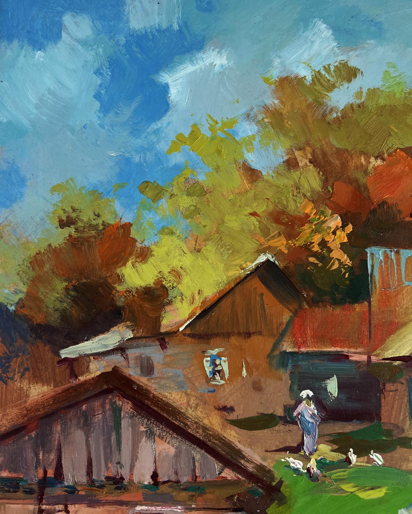 Oil painting by Yuriy Suprunchuk of rustic village house amid autumn trees