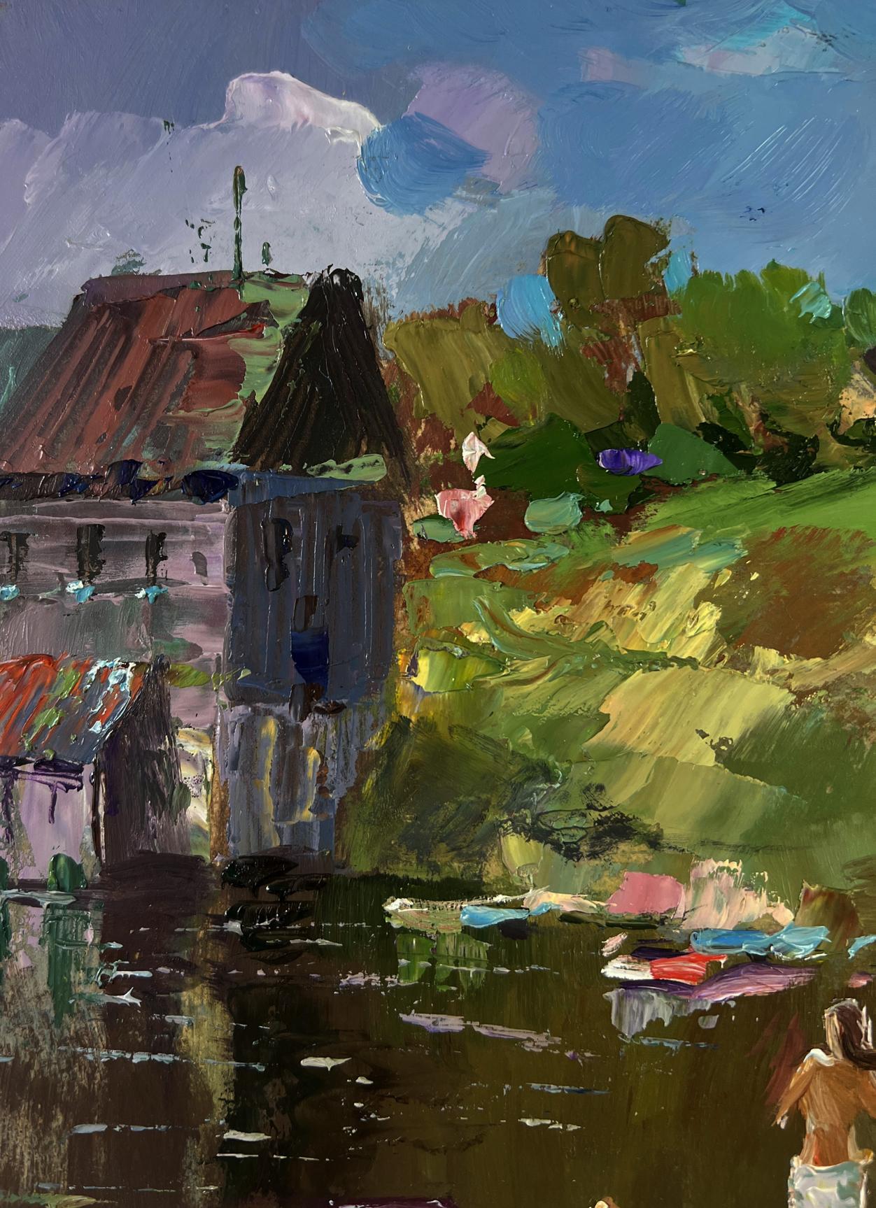 Vibrant impressionist oil painting by Yuri Suprunchuk of girls sailing in rustic village by water