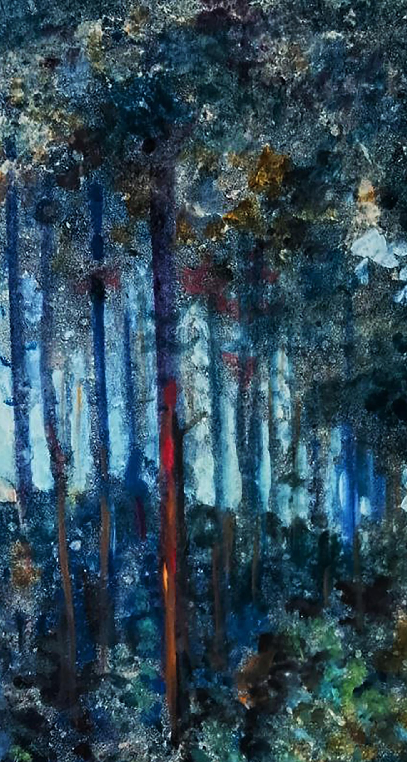 Oil painting Twilight in the Forest by Vitaly Duhnevich, textured abstract forest in blues and greens