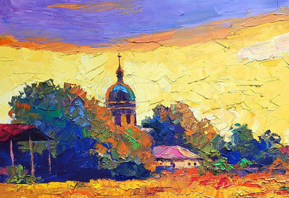 Vibrant oil painting Sunset over the village by Boris Serdyuk, domed church with blue-green roof