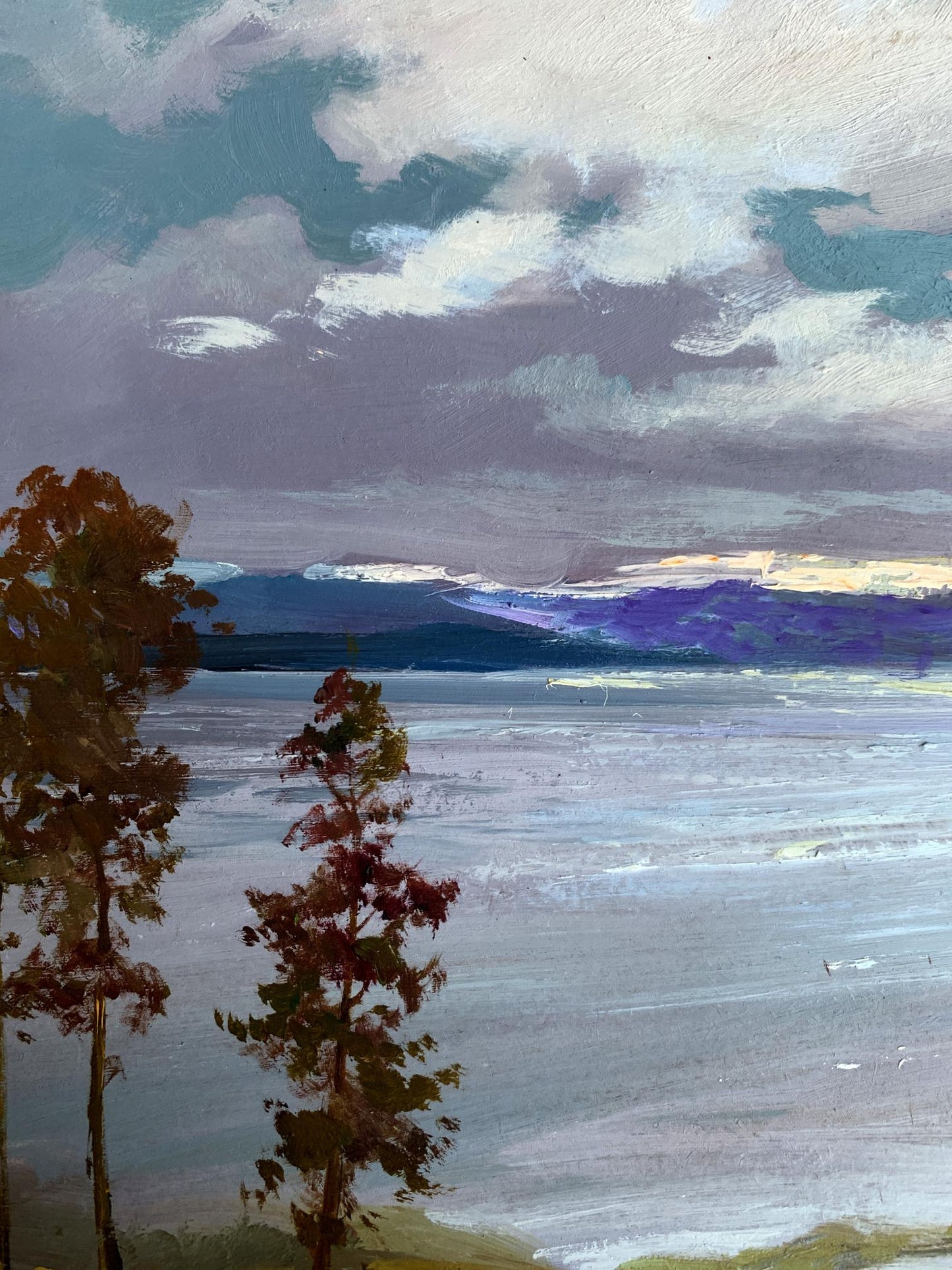 Oil painting The river washes the mountains by Yuriy Suprunchuk lakeside scene