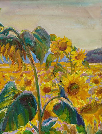 Oil painting Among the Sunflowers by Leonid Pavlenko: vibrant yellow sunflowers swaying