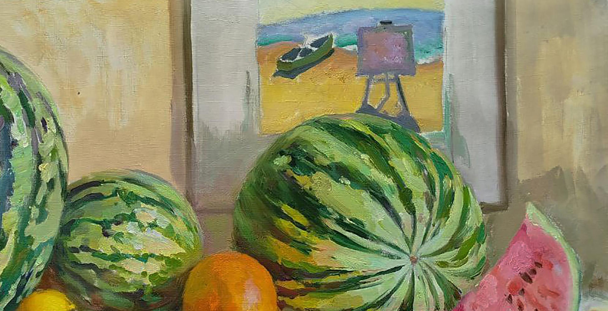 Impressionistic oil painting of vibrant green watermelon by Leonid Pavlenko