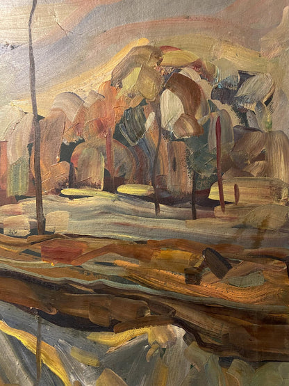 Oil painting Study in the Fog by Mykola Reznik, abstract earthy landscape