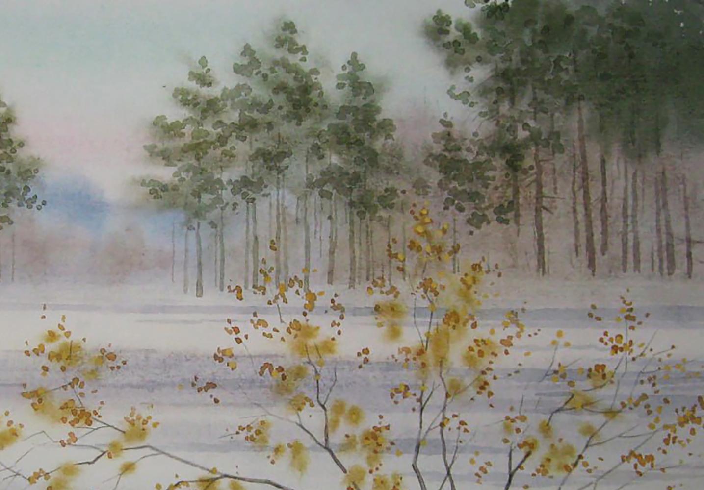 Watercolor painting of snowy winter forest by Valery Savenets