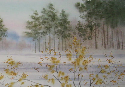 Watercolor painting of snowy winter forest by Valery Savenets