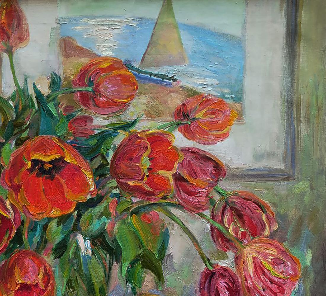 Vibrant red orange tulips oil painting by Leonid Pavlenko