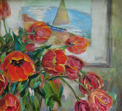 Vibrant red orange tulips oil painting by Leonid Pavlenko