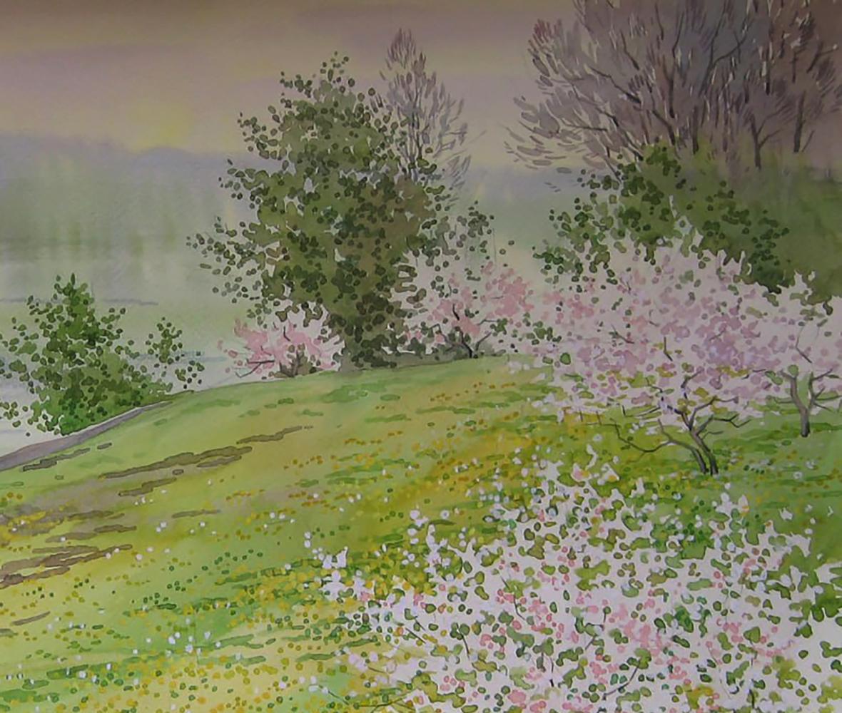 Watercolor painting of pink cherry trees blooming near shore by Valery Savenets