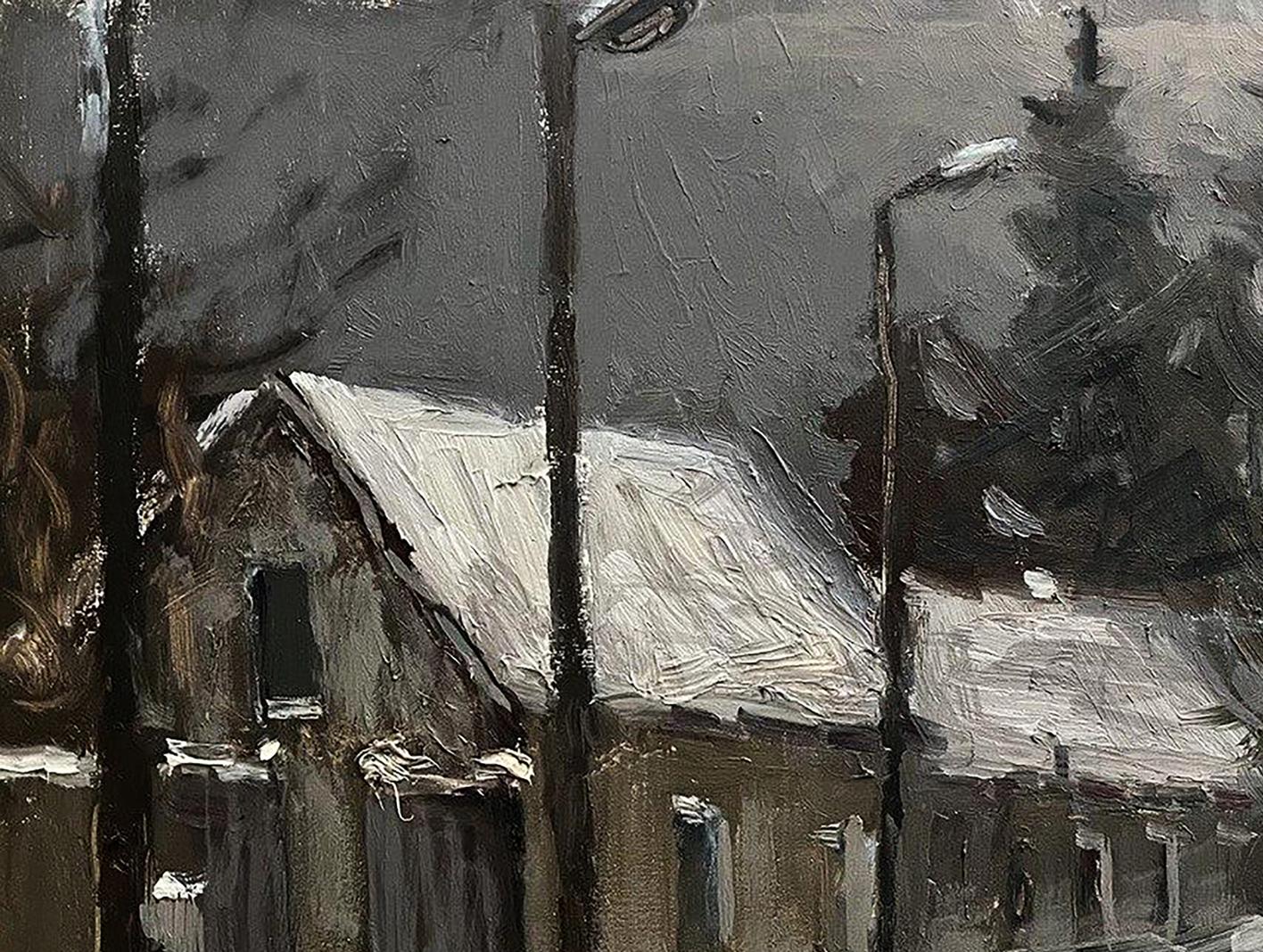 Oil painting White Carpet by Volodymyr Pashchenko, snowy house scene