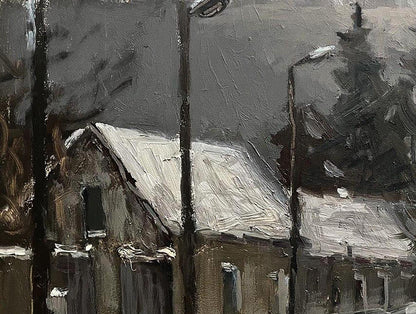 Oil painting White Carpet by Volodymyr Pashchenko, snowy house scene