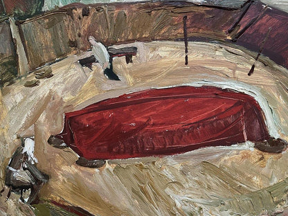 Oil painting of Fishermans House by Oleksandr Andreev with red textured fabric