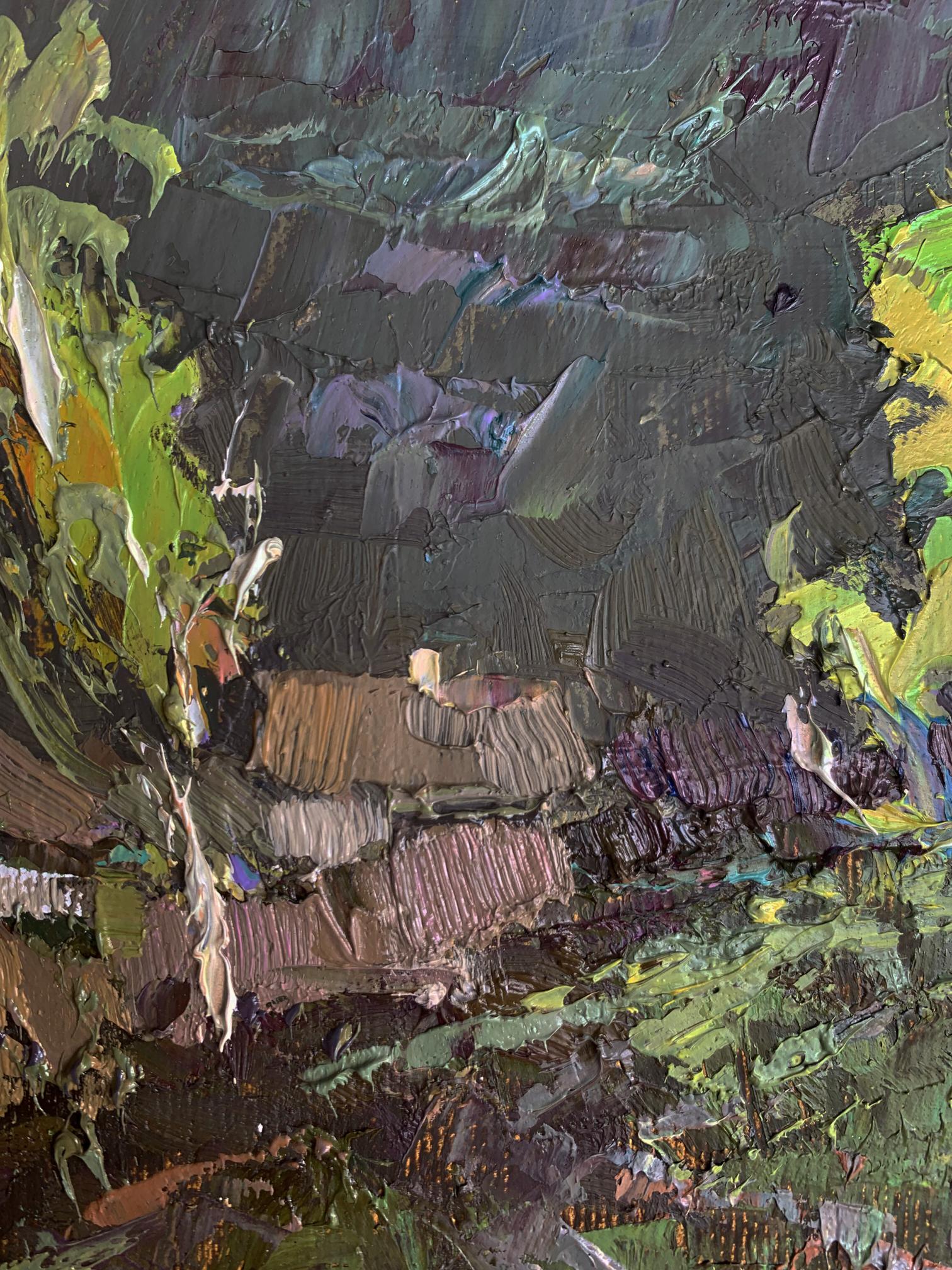 Oil painting Before the Storm by Oksana Ivanyuk, textured impasto greens and purples