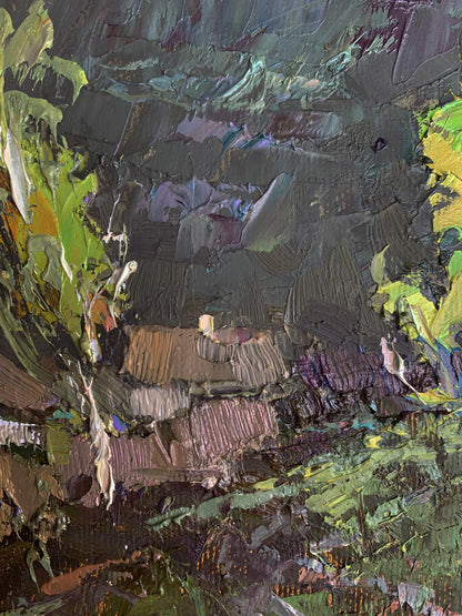 Oil painting Before the Storm by Oksana Ivanyuk, textured impasto greens and purples