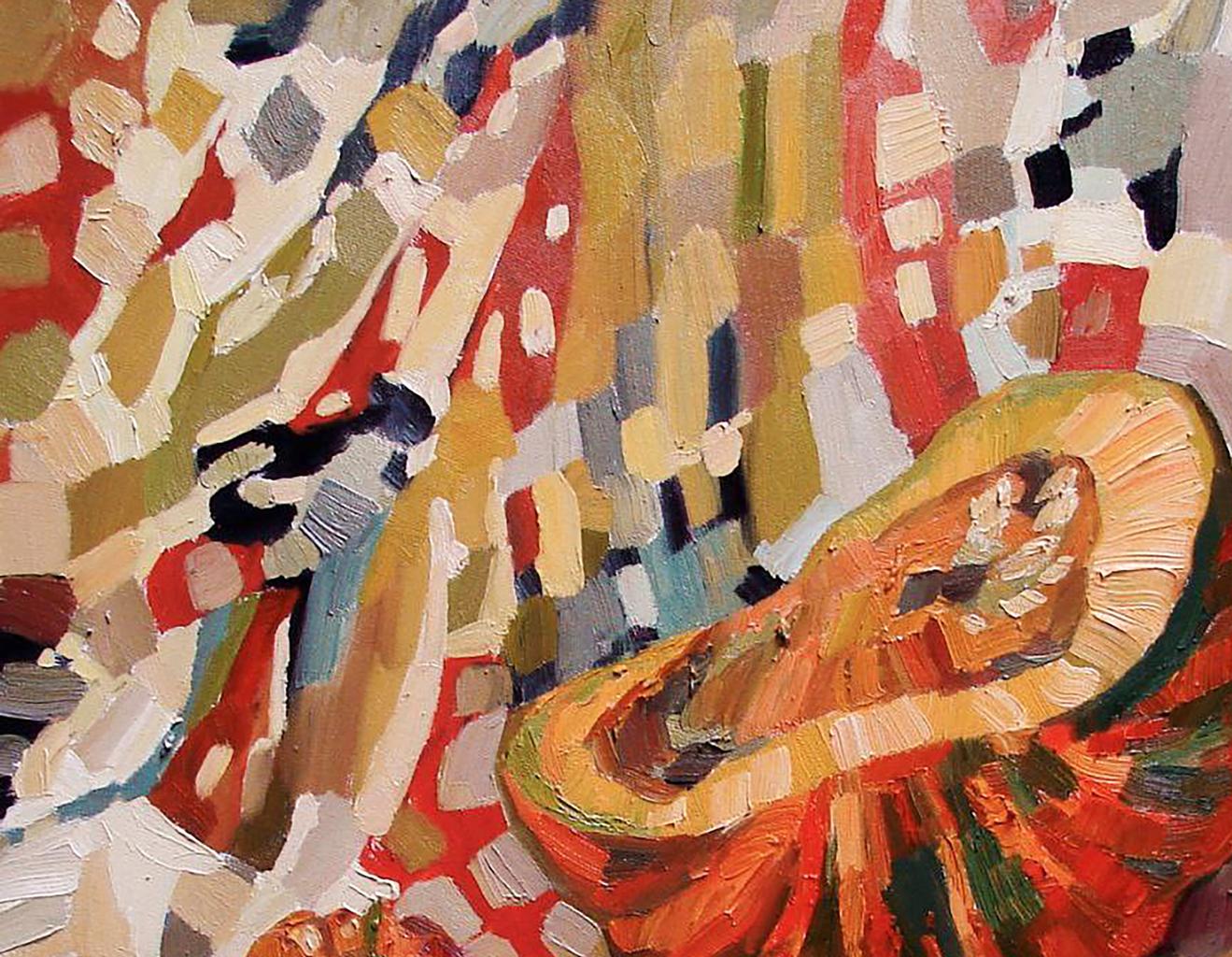 Vibrant oil painting of big halved pumpkin by Tatyana Shulyak