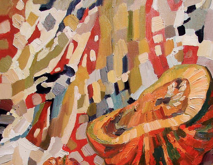 Vibrant oil painting of big halved pumpkin by Tatyana Shulyak