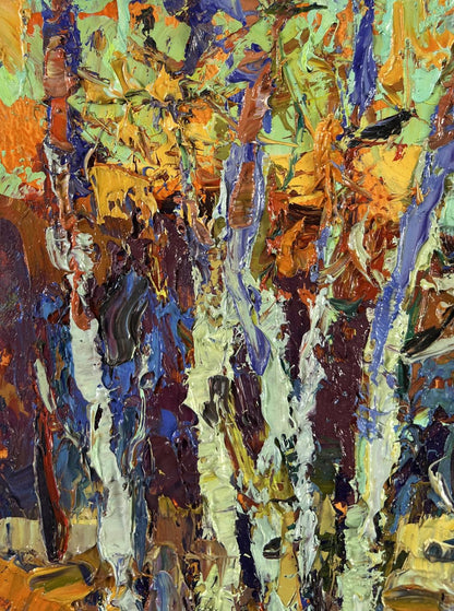 Vibrant oil painting Young aspens listen to the silence by Oksana Ivanyuk