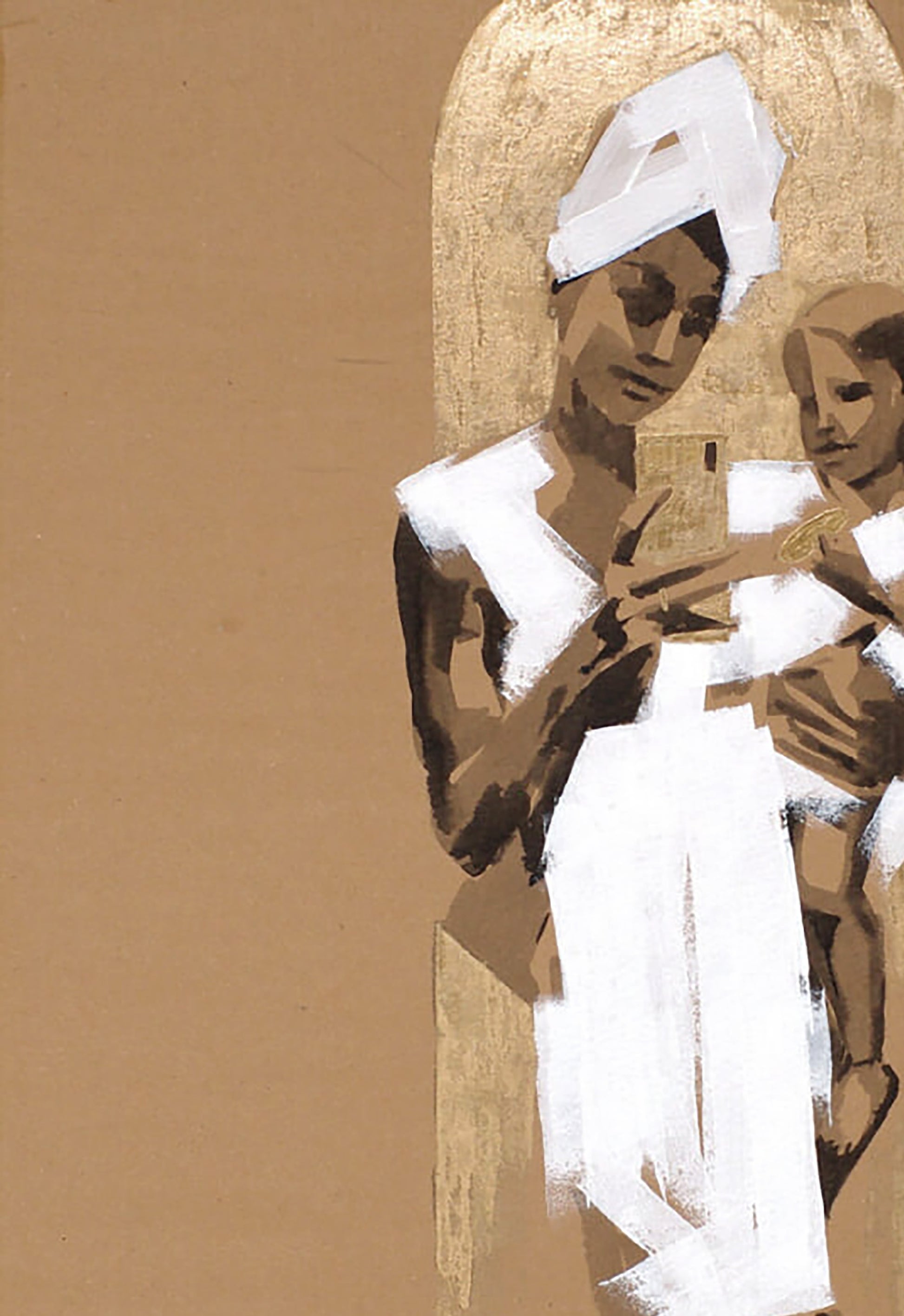 Stylized acrylic painting Madonna by Dima Filatov, woman and child in white brown on gold