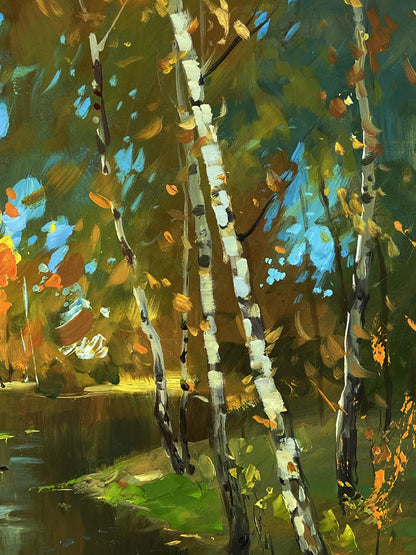 Oil painting of autumn forest river with white birch trunks by Yuriy Suprunchuk