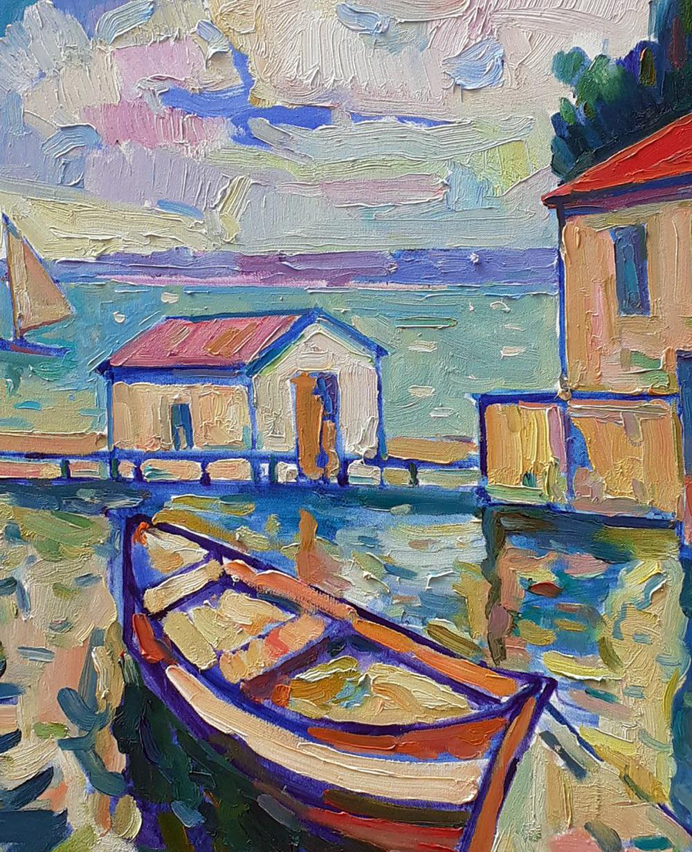 Vibrant oil painting by Peter Dobrev: impressionistic rowboat in calm water