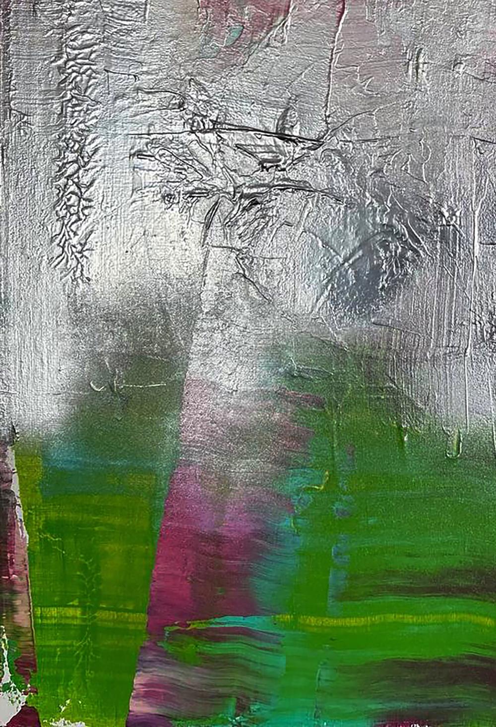 Abstract silver green textured acrylic painting Mirror of the Soul by Olga Melezhik