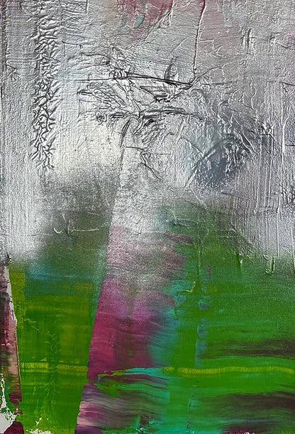 Abstract silver green textured acrylic painting Mirror of the Soul by Olga Melezhik