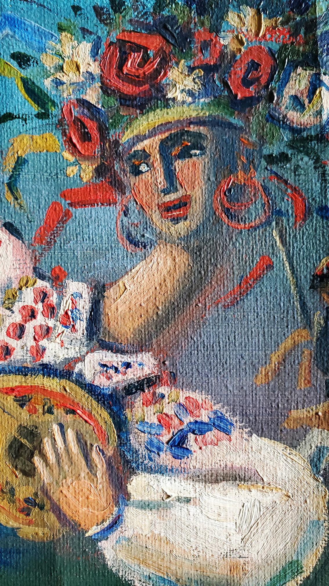 Oil painting Melody of the Steppe by Daniil Litvinov: woman with red roses, hoop earrings