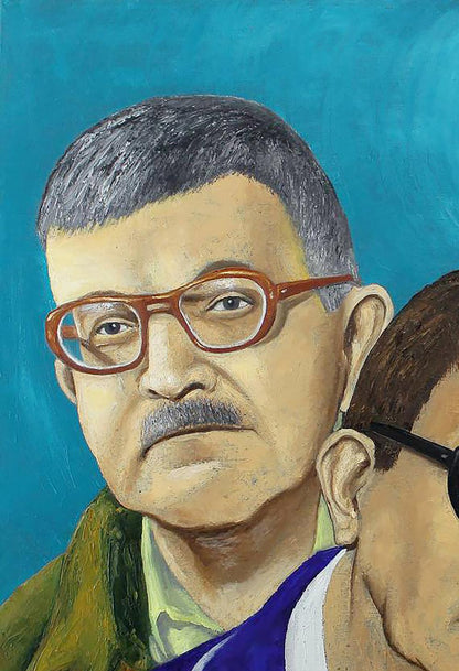 Oil painting of emotional brothers portrait by Andrii Klishyn, gray-haired man in glasses