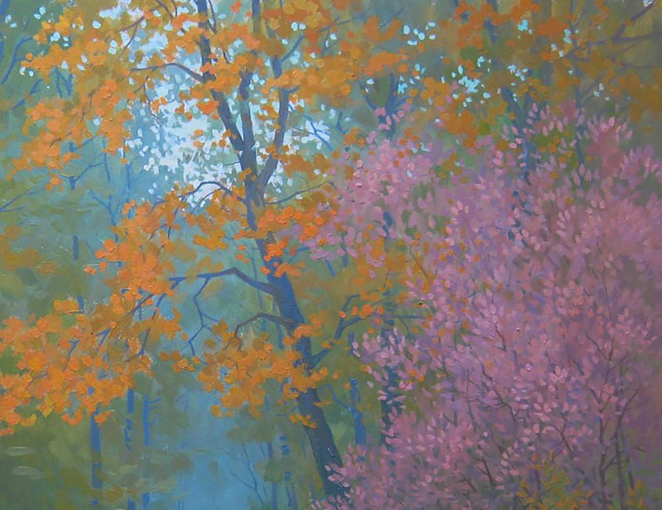 Oil painting Walk in the forest by Valery Savenets: vibrant autumn foliage