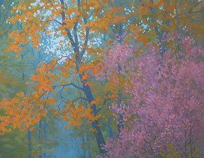 Oil painting Walk in the forest by Valery Savenets: vibrant autumn foliage