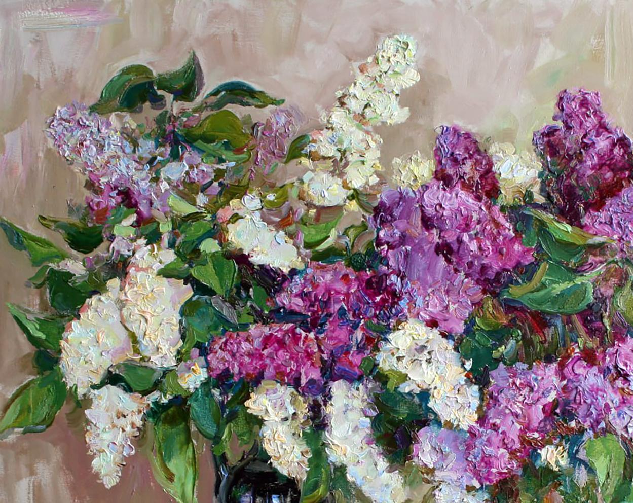 Oil painting Lilac by Leonid Pavlenko, vibrant purple impasto bouquet