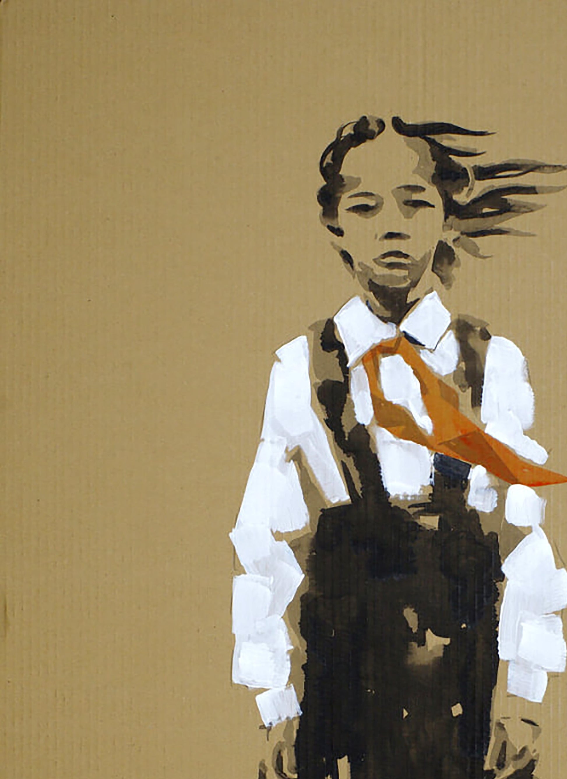 Acrylic painting of first grade Dima Filatov in white shirt and overalls