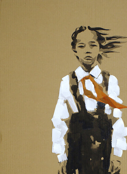 Acrylic painting of first grade Dima Filatov in white shirt and overalls