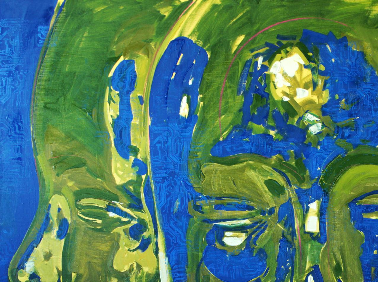 Oil painting Janus Ed Potapenkov with bold green blue yellow strokes