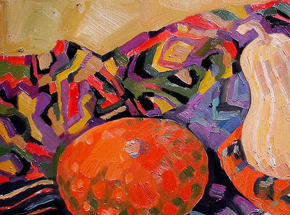 Oil painting of vibrant orange Hokkaido pumpkin by Tatyana Shulyak