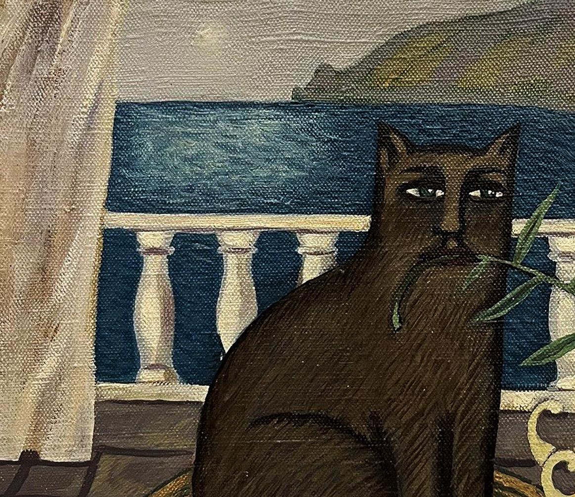 Oil painting Kitty by Yana Pervyakova: stylized brown cat with mustache on balcony