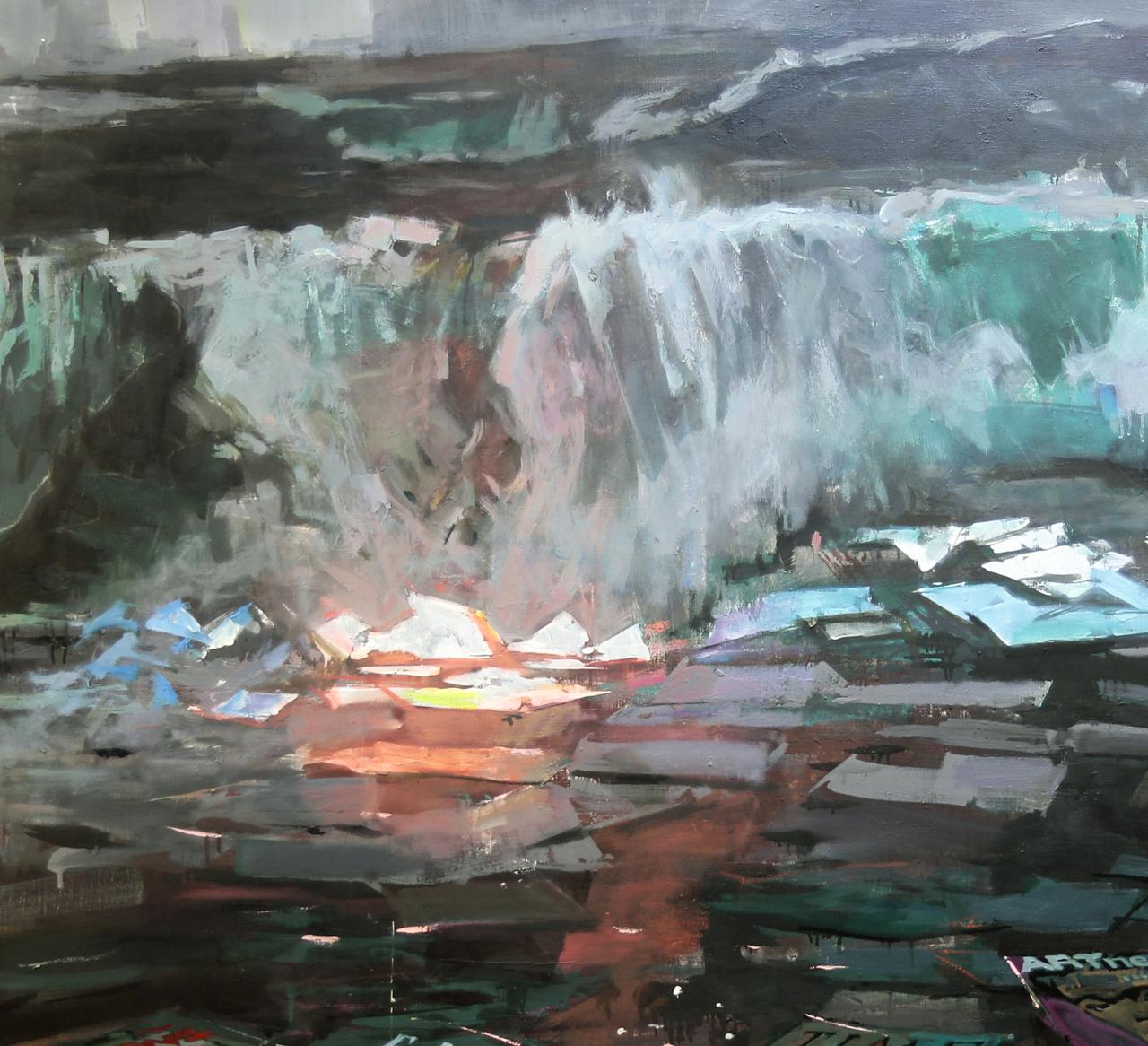 Oil painting Wave Ed Potapenkov: turbulent waterfall in white, teal, thick brushstrokes