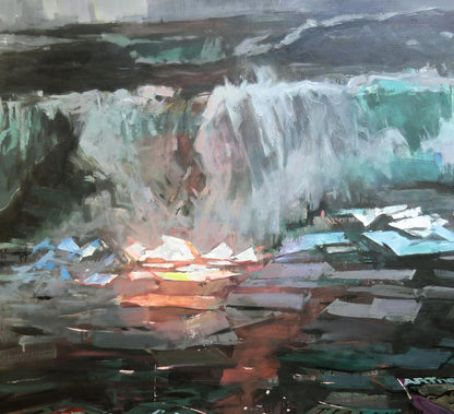Oil painting Wave Ed Potapenkov: turbulent waterfall in white, teal, thick brushstrokes