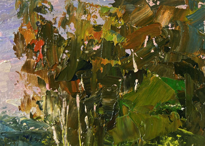 Oil painting of birch grove in morning sun by Boris Serdyuk