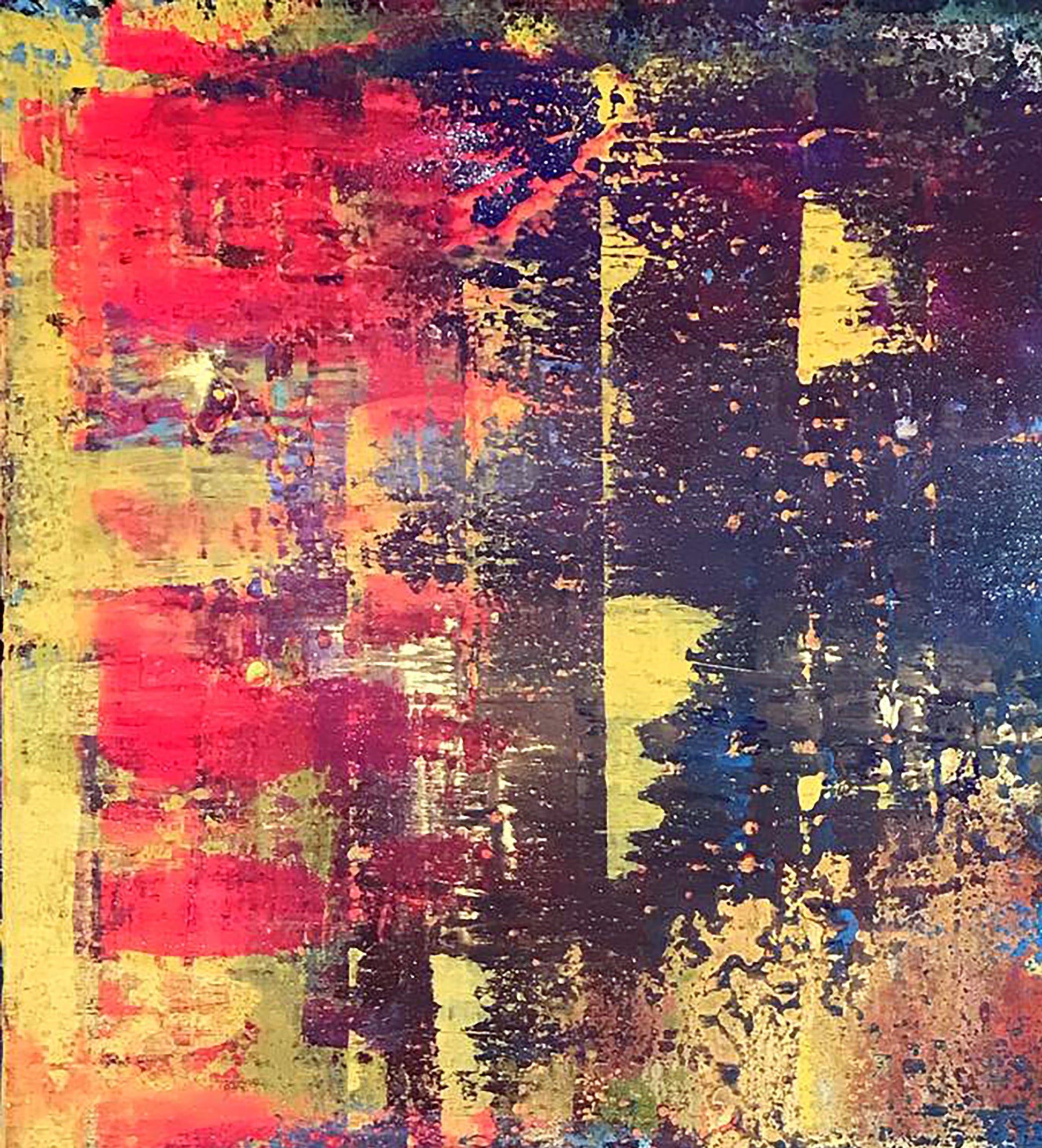 Vibrant abstract A sleepless night painting with bold red, yellow, blue strokes on textured dark background