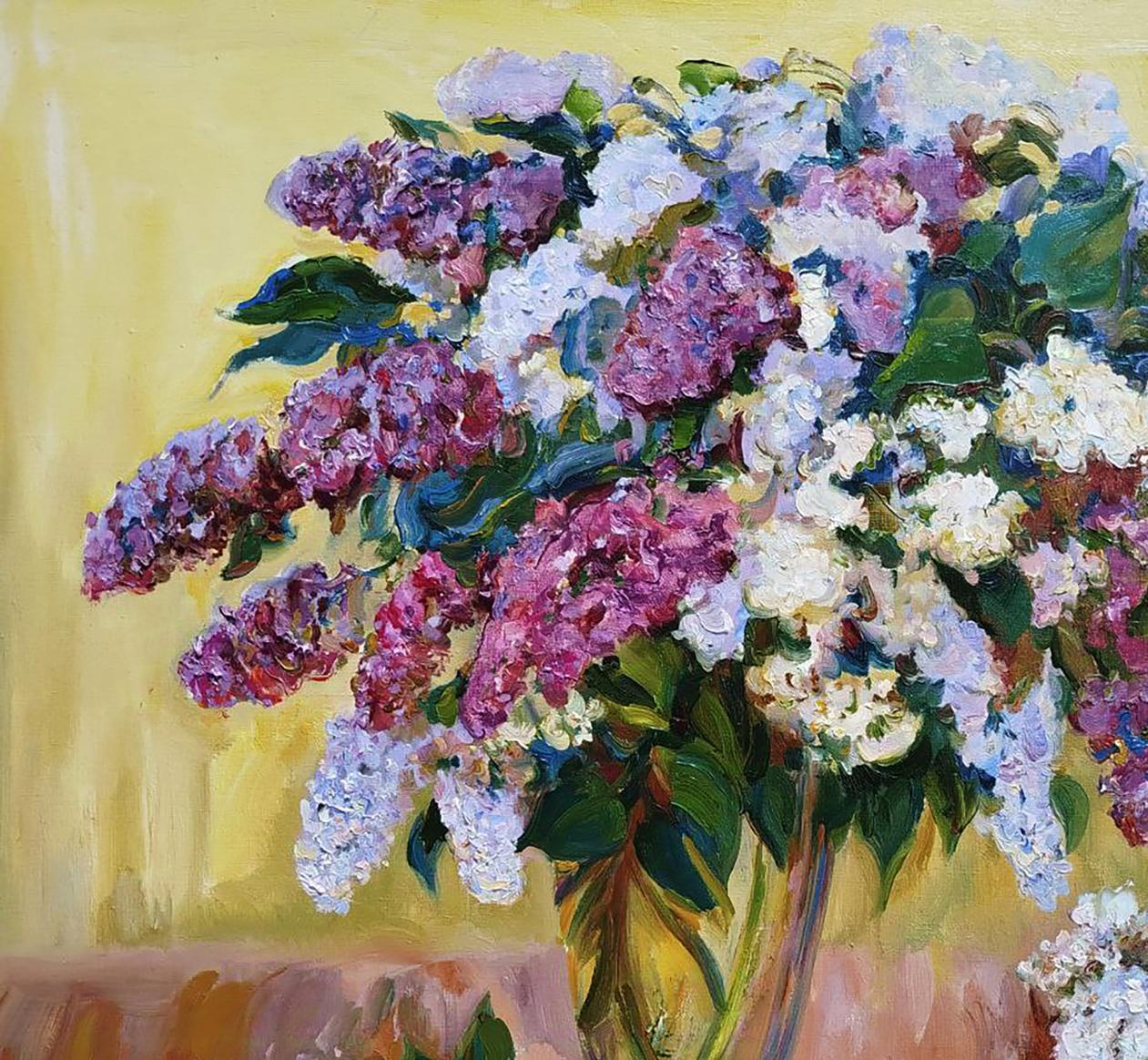 Vibrant lilac bouquet oil painting on golden background by Leonid Pavlenko